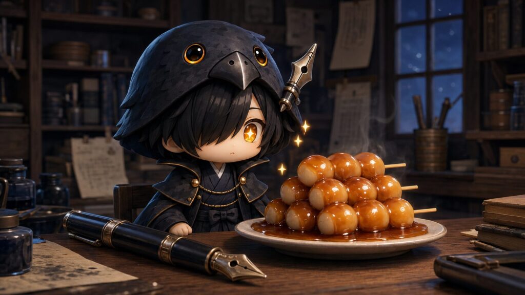 黒羽がみたらし団子を前にして瞳を輝かせている3D CG