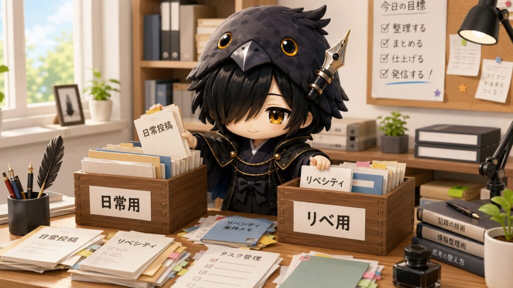 下書き編集台の散らかった書類(データ)を、黒羽が「リベシティ用」と「日常用」のふたつのフォルダに綺麗に整理整頓している作業風景