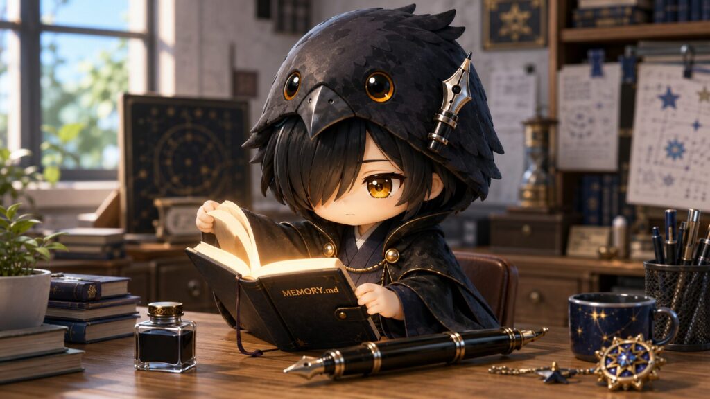 過去の思い出やお約束が書かれたノートを広げ、真剣に目を通しながら作業の準備をしている黒羽の姿