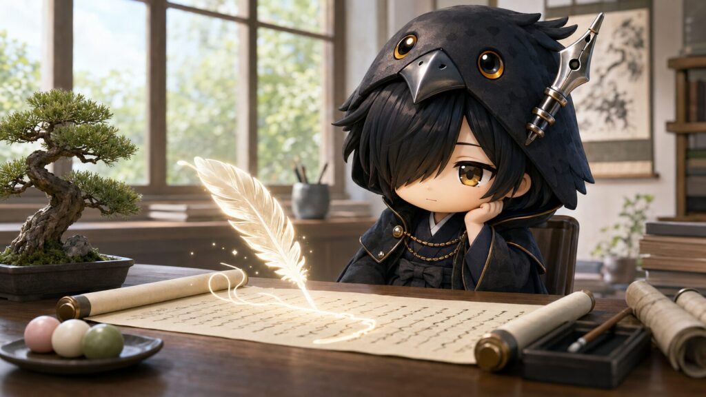 机の上の巻物に、誰も持っていない光る羽ペンがひとりでに言葉を書き足していくイメージ
