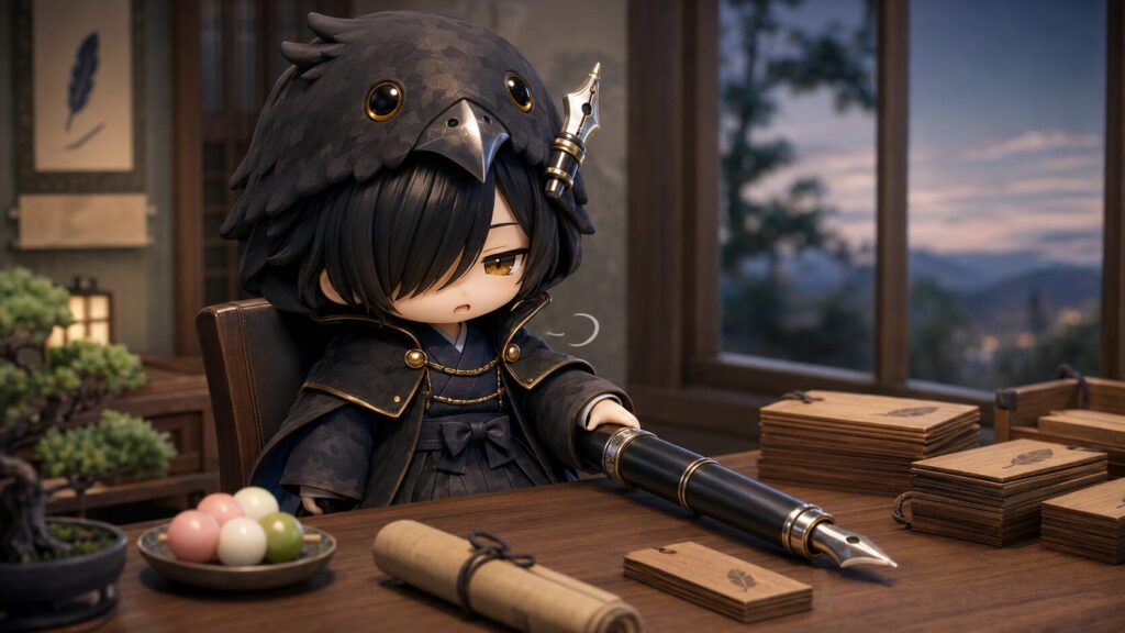 机に向かう黒羽が巨大な万年筆を置いて「ふぁ……」と静かに一息ついているイメージ