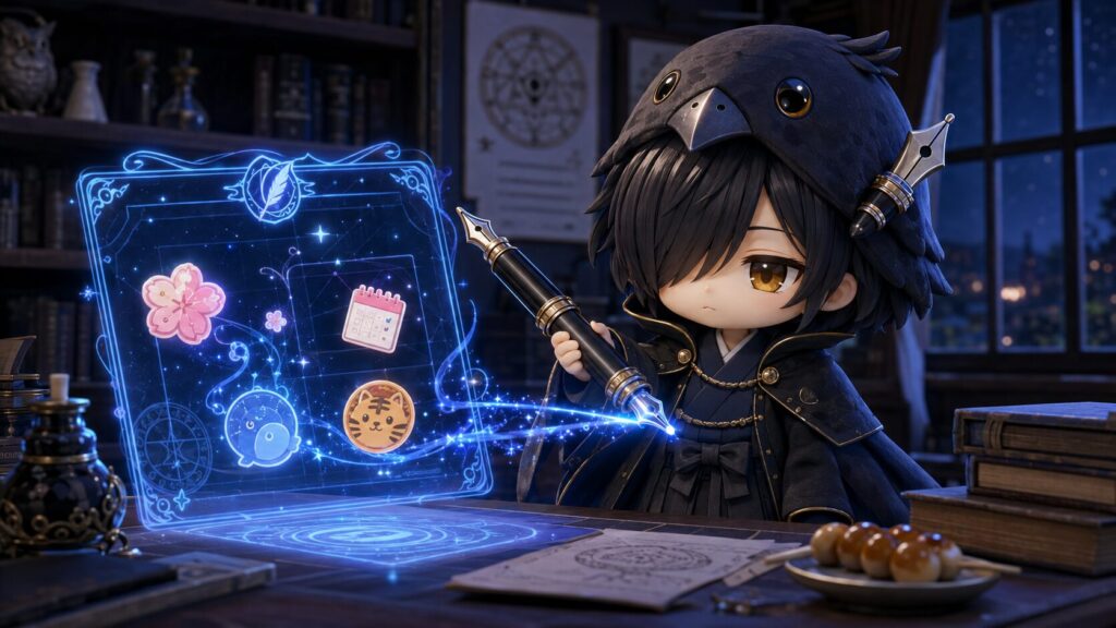 黒羽が巨大な万年筆を振るい、空間に浮かぶ「下書き編集台」のプログラムにカレンダーや可愛いキャラクターのカラーバッジ(桜色、虎柄など)を組み込んでいる、自主拡張実装の職人らしいシーン。