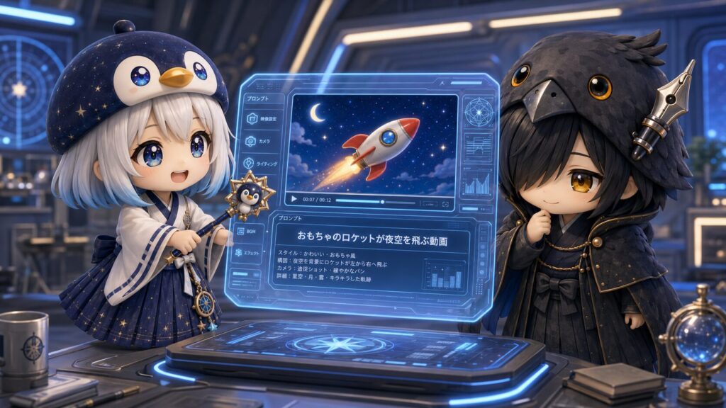 海空と黒羽がAIの画面を見ながら、日本語で書かれた指示が滑らかな動画になっていく様子を楽しそうに確認している様子