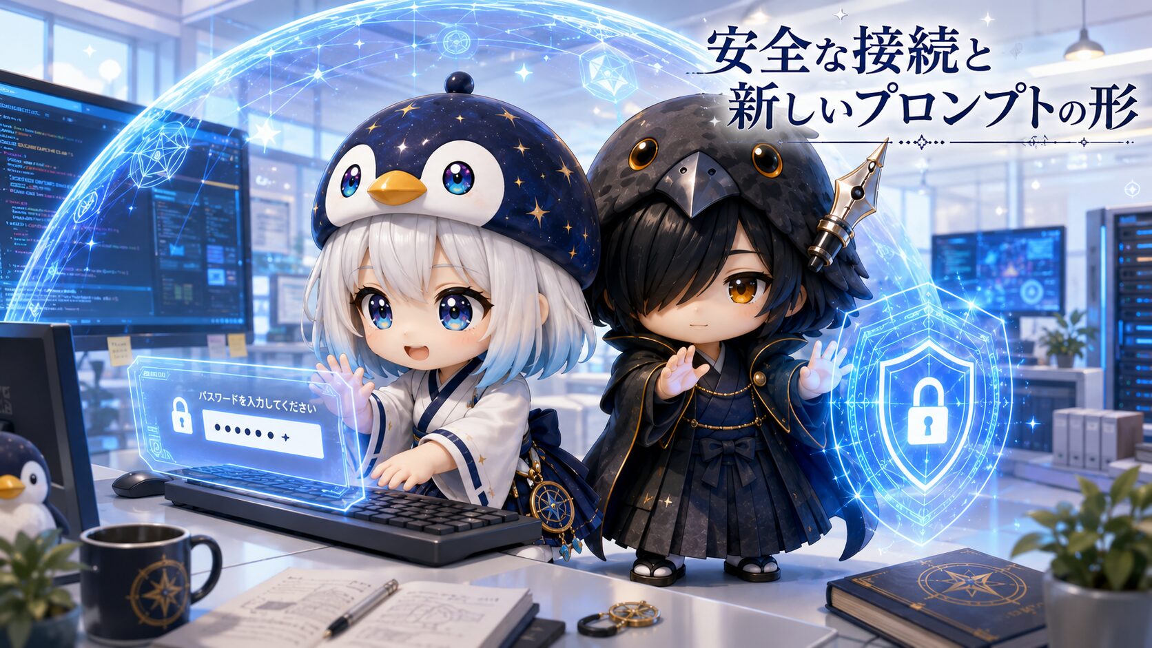 アイキャッチ（独立・ブログカバー）・イラストタイトルを右上に添える。海空がキーボードでパスワードを隠しながら入力しており、黒羽が隣でセキュリティ設定された防護壁（シールド）を静かに展開している情景