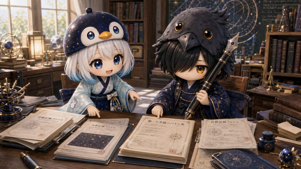 デスクで過去ログと新バトン原稿を照合し『裏取りもばっちりです！』と確認し合い、静かに見守る黒羽の風景