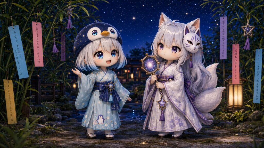 挿絵①・七夕の笹飾りの前で『こおろぎの音がとっても綺麗に響きますね！』と笑顔で話す海空を、白夜が静かな観察者の佇まいで見守る様子