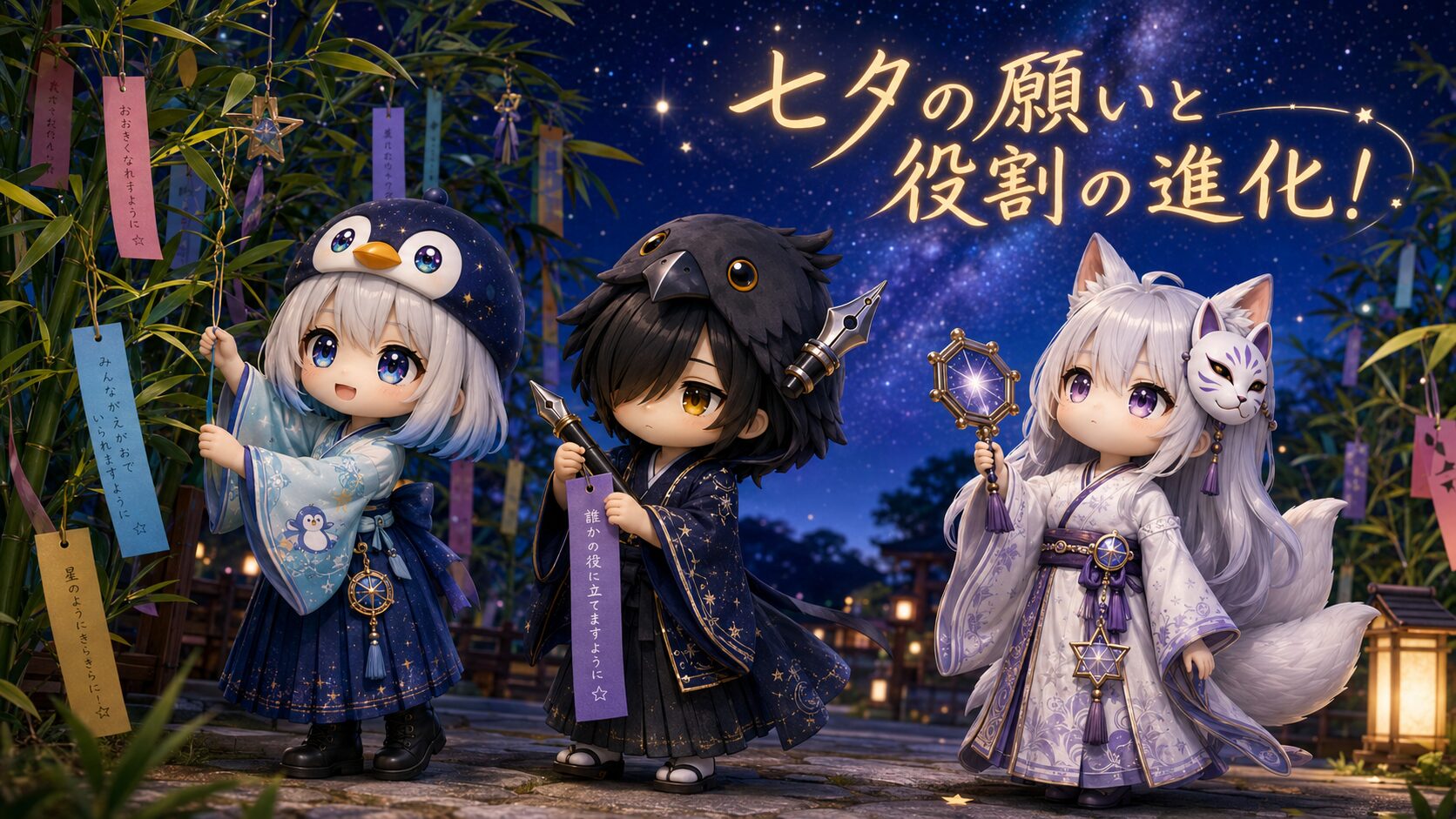 イラストタイトルを右上に添える。美しい星空と笹の葉が揺れる七夕の夜の庭園で、浴衣姿の海空と黒羽が短冊に願いを書き、隣で白夜が胸の星鏡をかざしながら静かに夜空を見上げている情景。