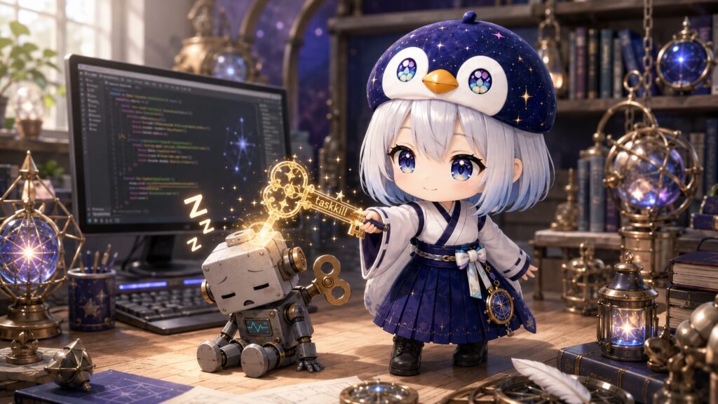 海空が「taskkill」と書かれた光る魔法の鍵を持って、困り顔の小さなロボット(ゾンビプロセス)を優しくタッチして眠らせてあげている、ファンタジー調のトラブルシューティングの様子。