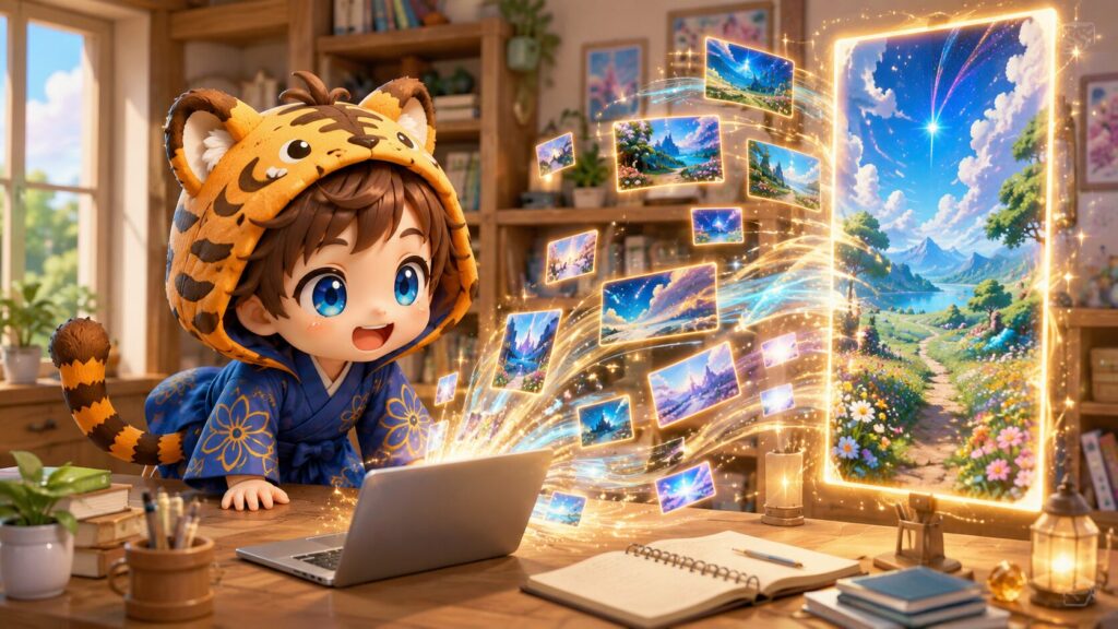 たくさんの動画データが吸い込まれ、綺麗に9:16の縦型動画に変換されてファイルフォルダに並んでいく様子を、大雅が興味津々で覗き込んでいる作業風景