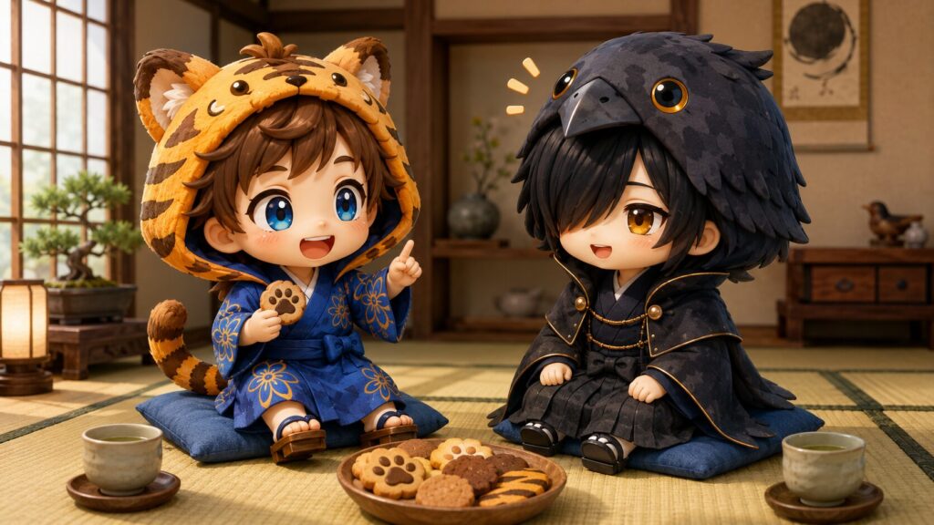 おやつを食べながら、新しい3本体制のスタートに向けて楽しそうにおしゃべりする大雅と黒羽のほっこりしたおやつタイム