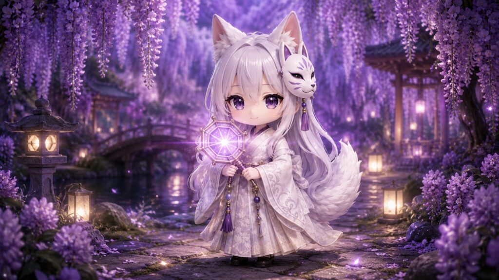 白夜が紫色の美しい花々(藤の花など)に囲まれながら、星鏡を優しく掲げて、静かに微笑みながら美しい紫の光を放っている幻想的な様子。