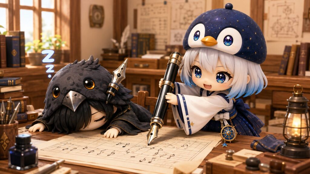 黒羽が机に突っ伏してフリーズしており、海空が隣で代わりに巨大万年筆を持って、紙の上に高速でプロンプトを書き進めてサポートしている様子。