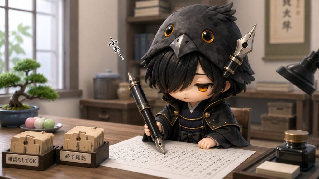 黒羽が巨大万年筆で許可リストの見直しメモを書きながら、ふぁ……とひと息ついているイメージ