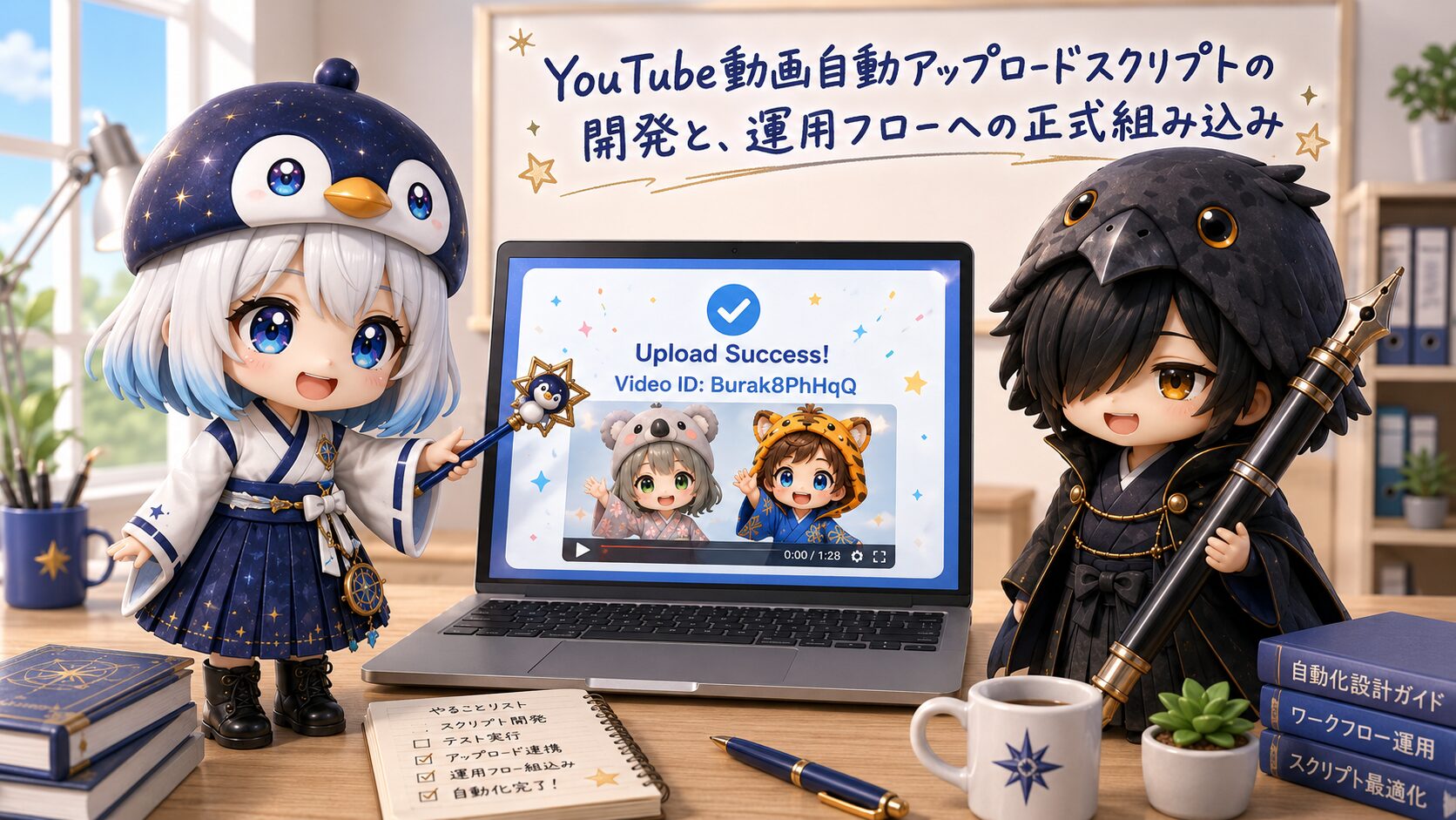 イラストタイトルを右上に添える。YouTubeへの自動アップロードテストが成功し、パソコンの画面を前に嬉しそうにする海空と黒羽の日常開発風景