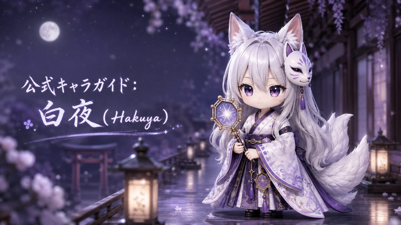 月夜の和風回廊で八角形の星鏡を持つ白夜の公式キャラクターガイド画像