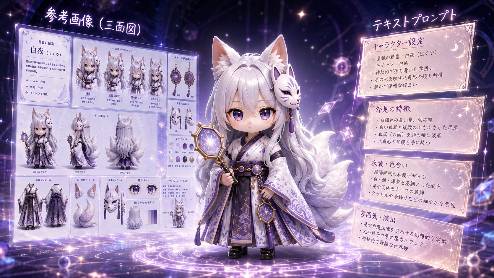 白夜のキャラクター詳細図とプロンプトが重なり合い、ブレのない立体キャラが立ち上がる概念図の挿絵