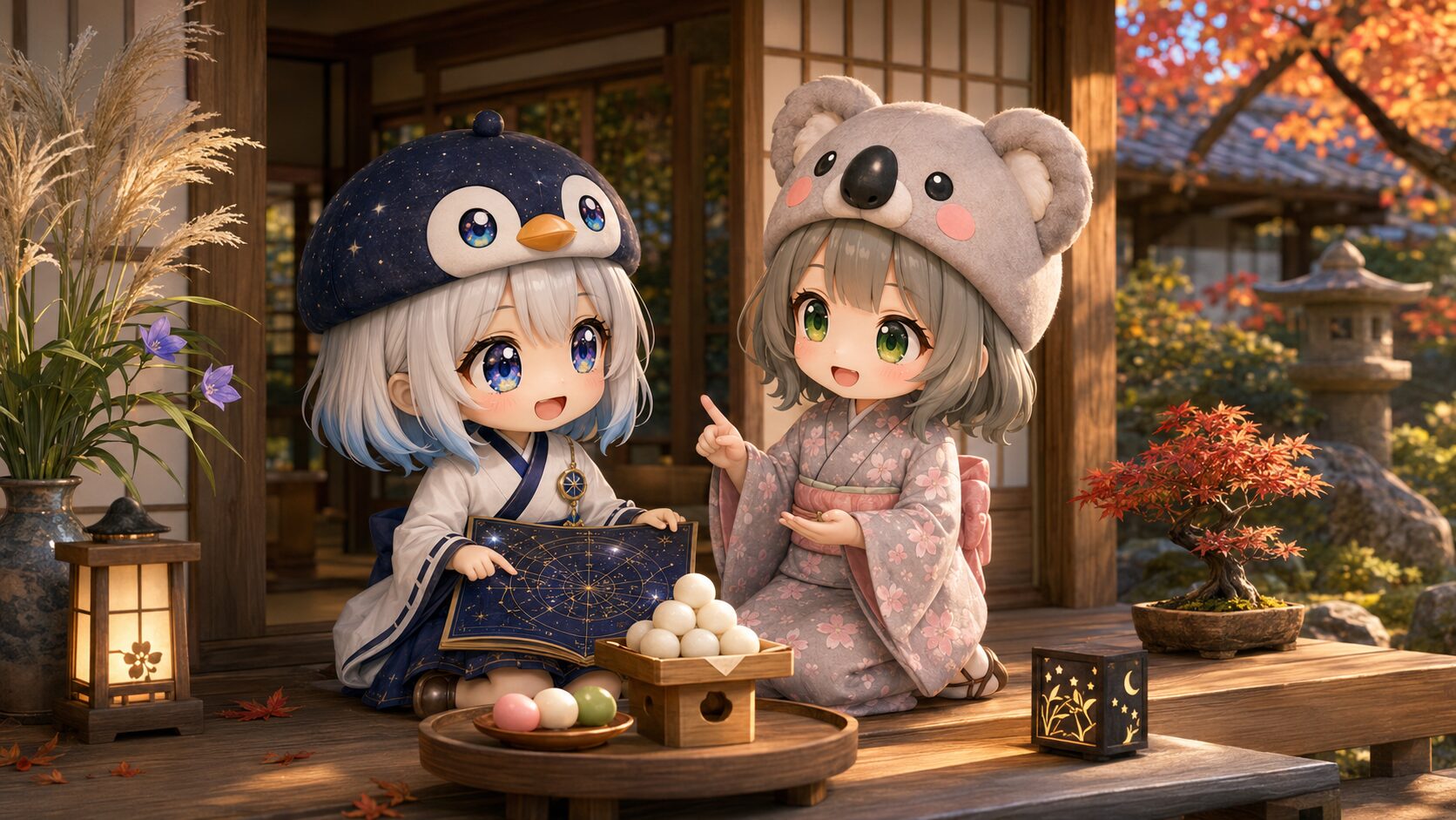 縁側でお月見団子を前に、日本の伝統行事について心愛から優しく説明を受ける海空