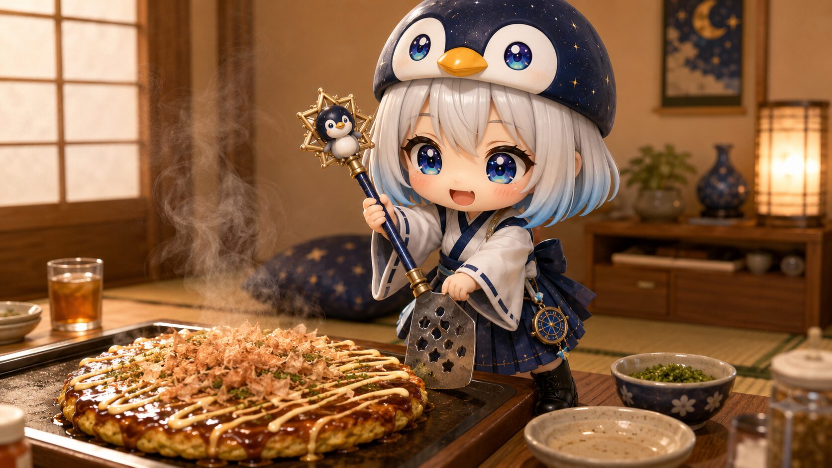 アツアツのお好み焼きを前に、指示棒をヘラのように持って大喜びする海空
