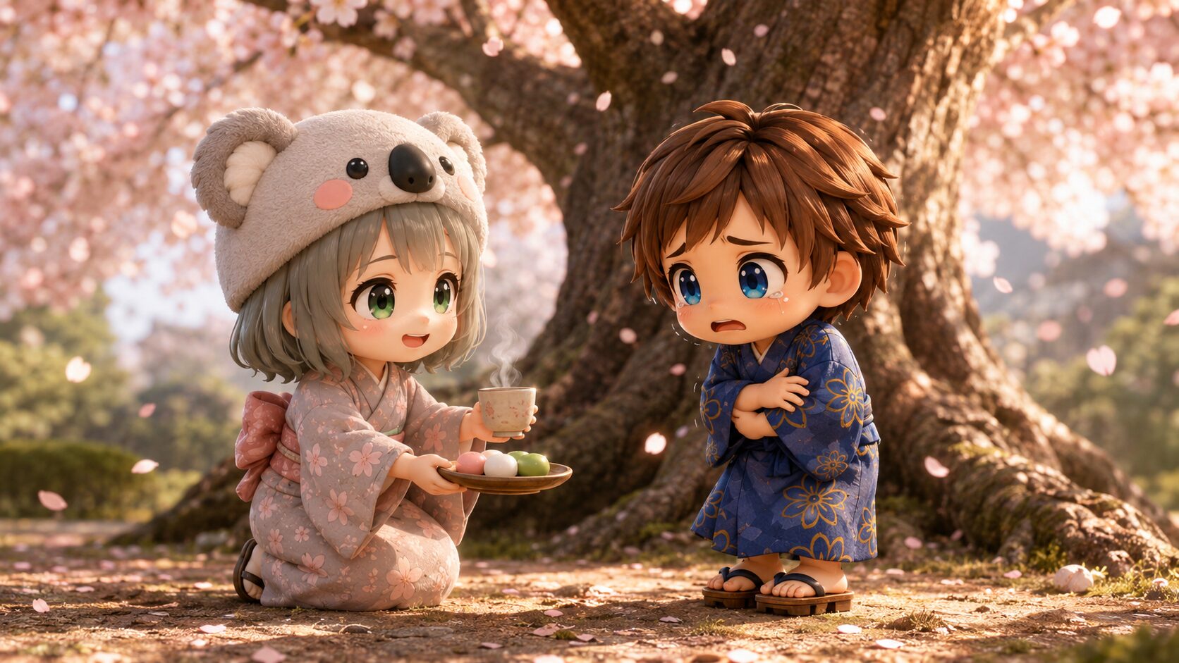 桜の木の下で、心愛からお茶と三色団子を受け取るフードを着ける前の大雅