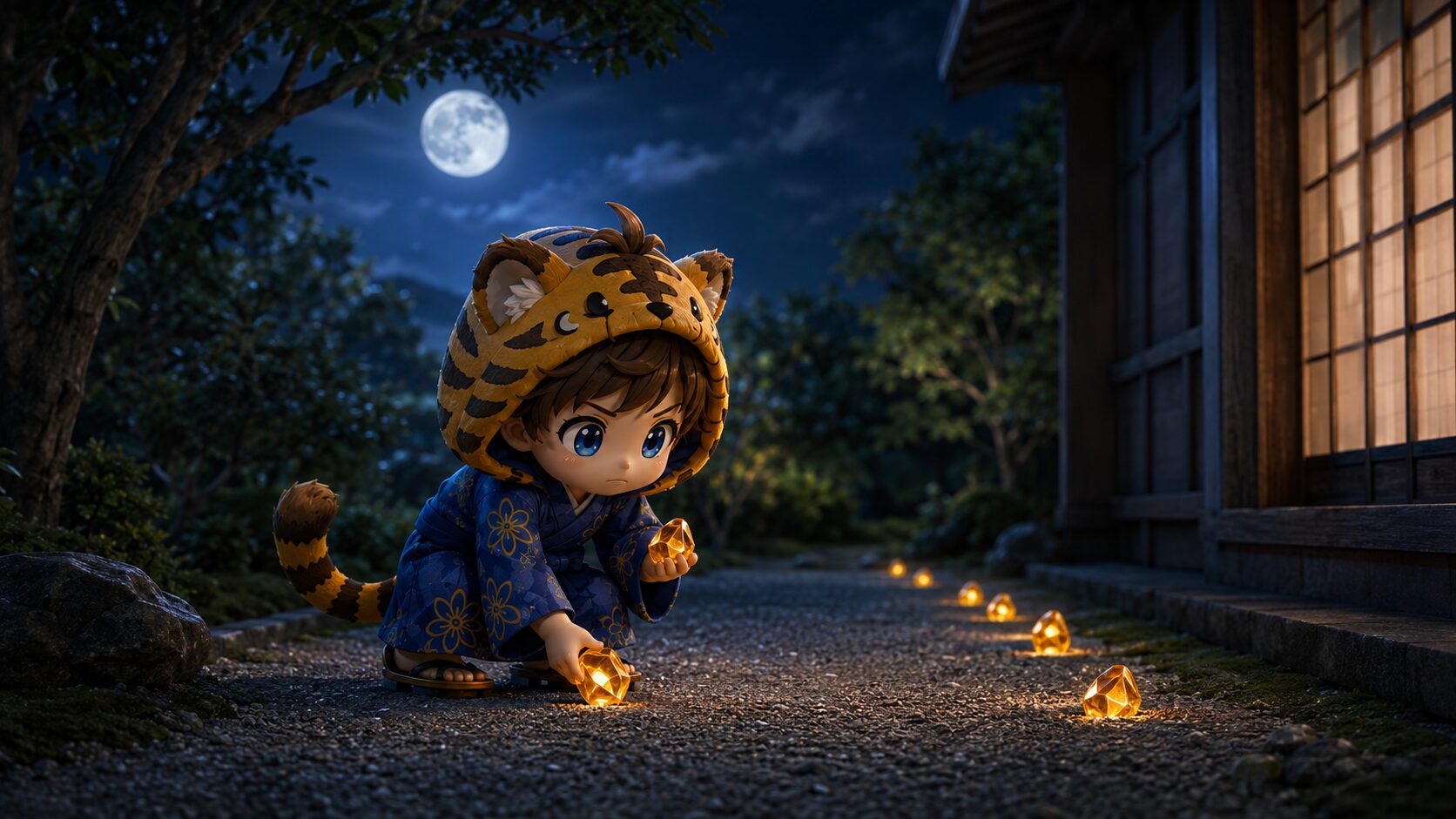 月夜の庭で、虎目石の欠片をそっと置く大雅
