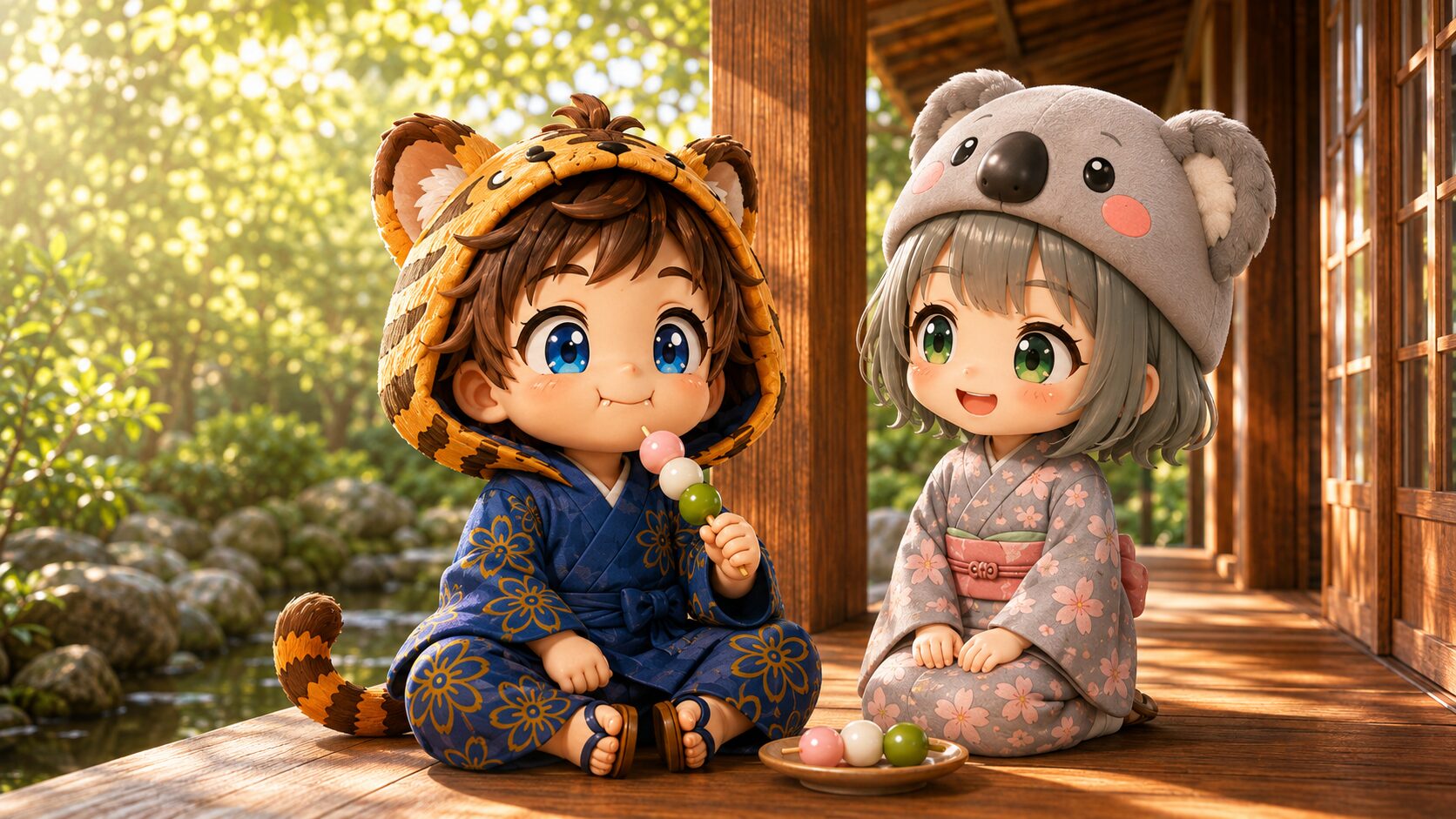 縁側で心愛と並び、三色団子を美味しそうに食べる大雅