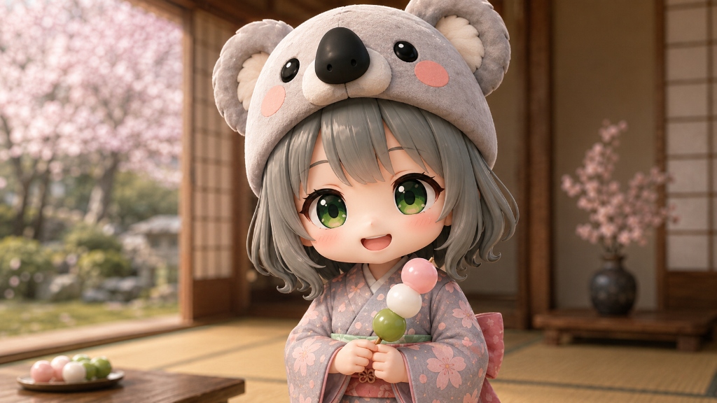 コアラ帽子とお団子を持つ手元