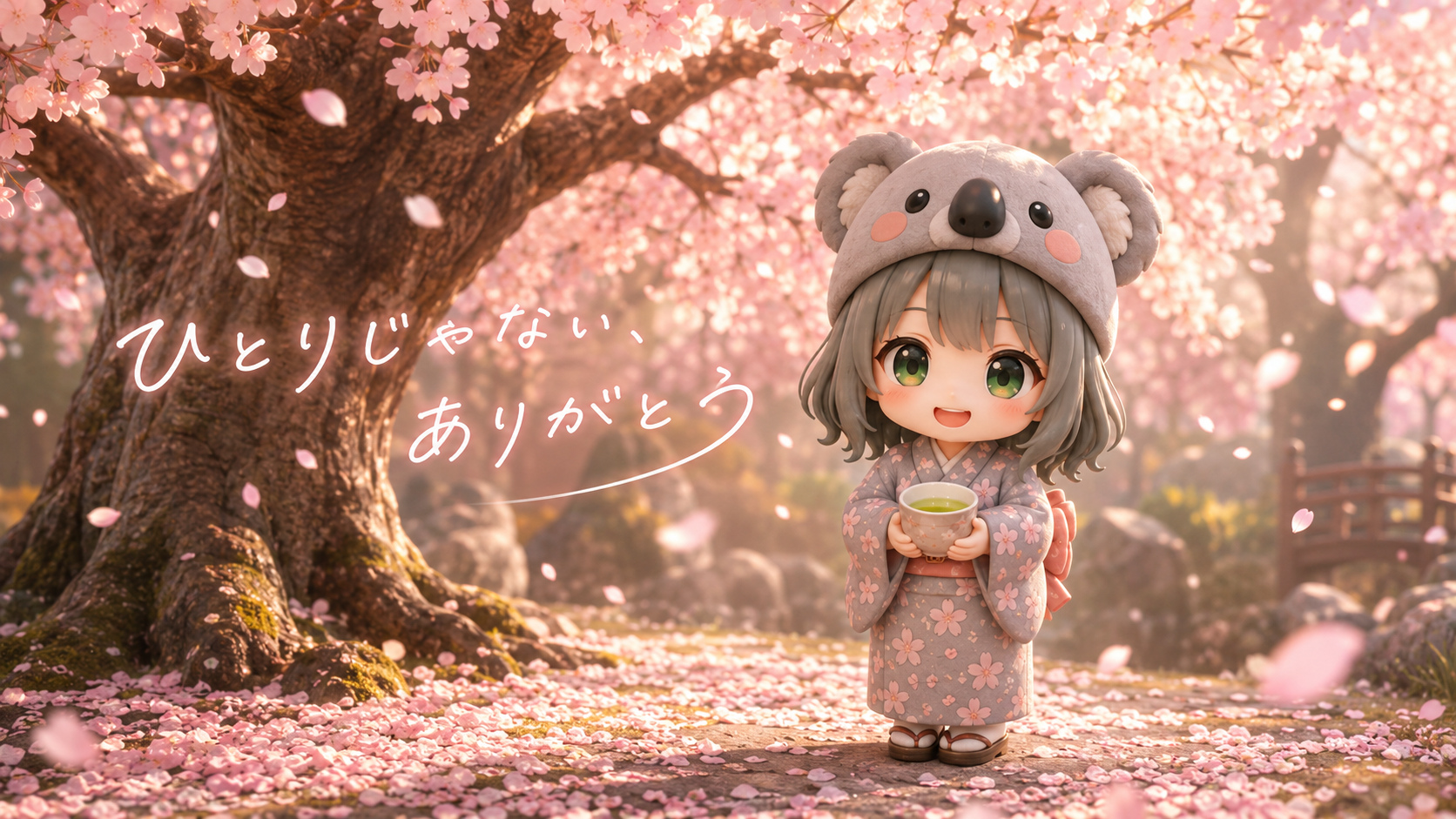 満開の桜の下で温かいお茶を両手で持ち、微笑む心愛。手書き文字で「ひとりじゃない、ありがとう」。