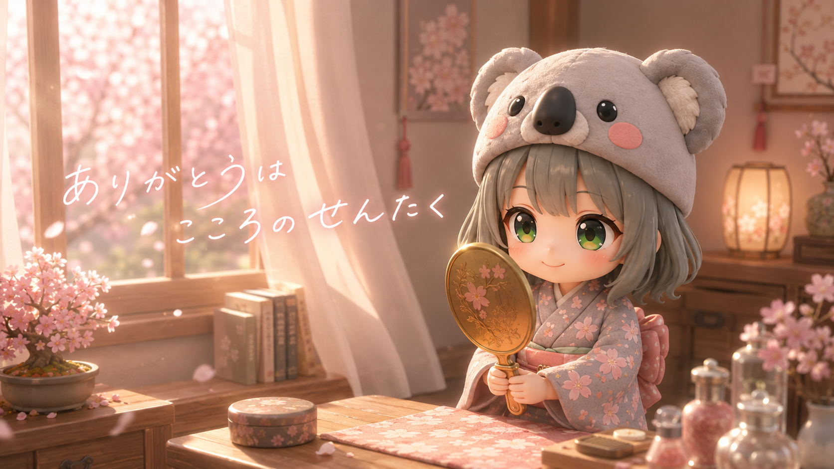 春の光が差す部屋で、桜柄の手鏡を手に穏やかに微笑む心愛。手書き文字で「ありがとうは こころのせんたく」。