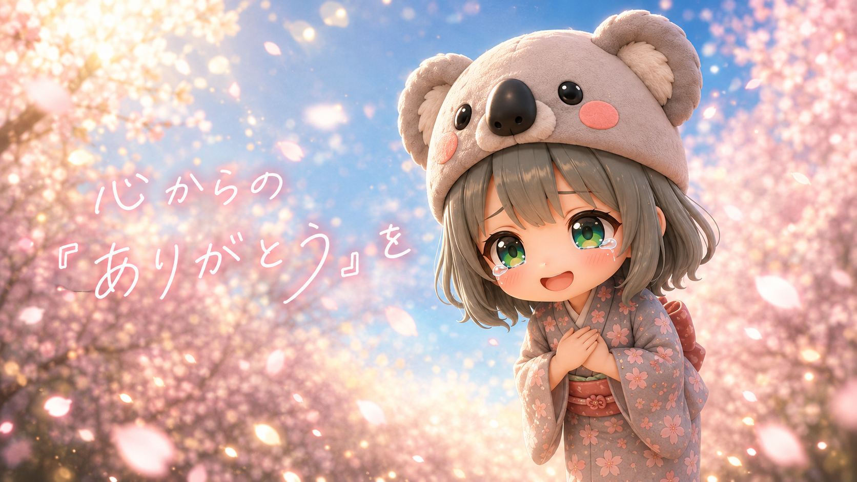 桜吹雪の中、胸に手を重ね、涙と笑顔で心からの感謝を伝える心愛。
