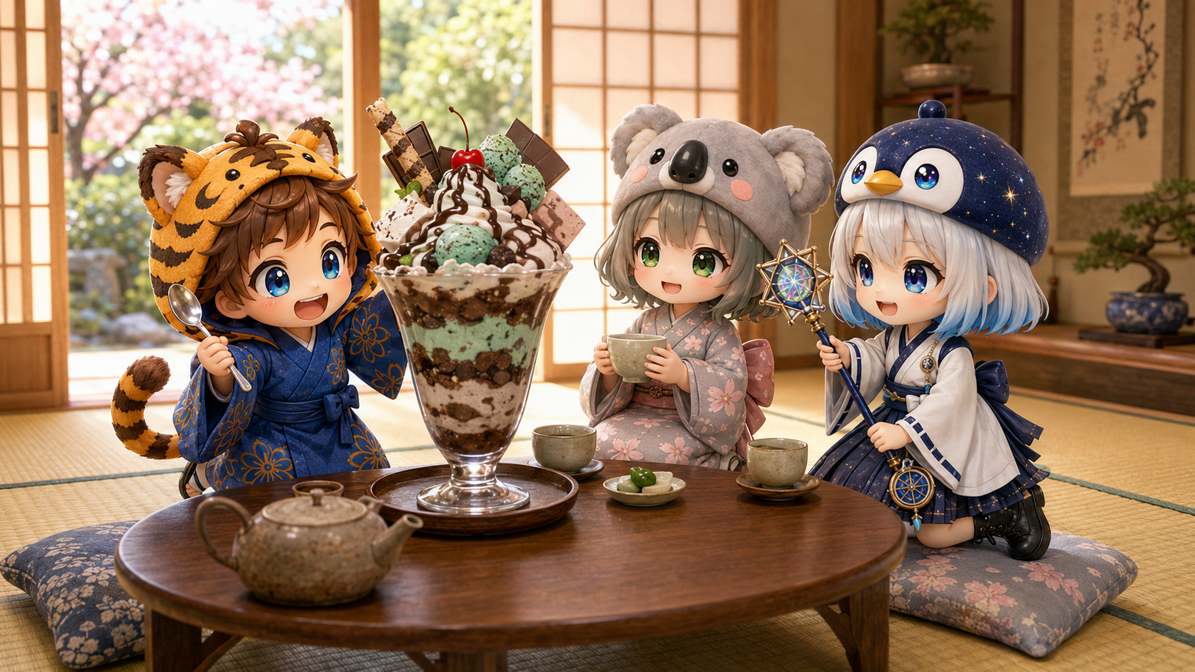 和室で特大のチョコミントパフェとお茶を囲む大雅、心愛、海空。