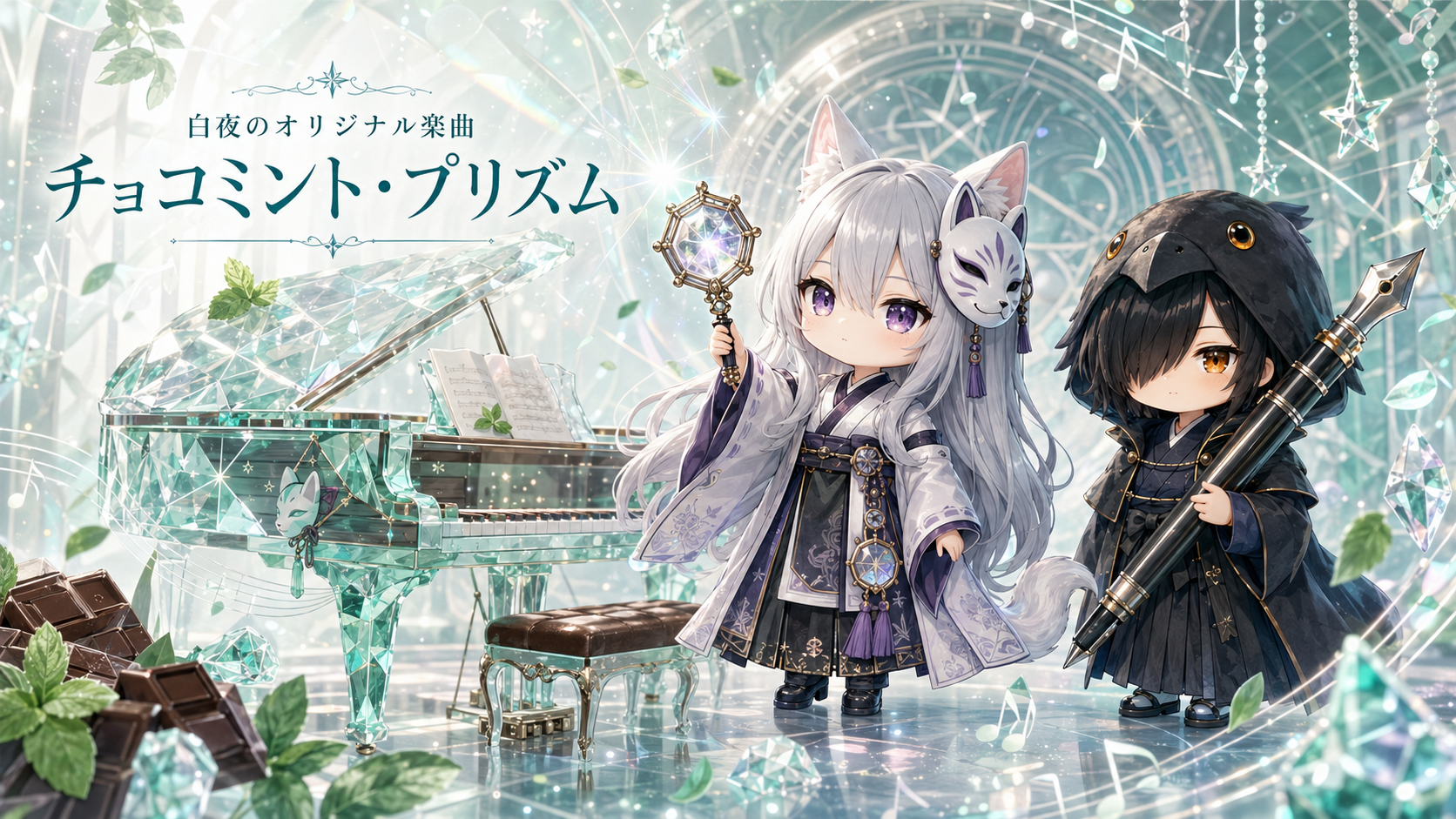 白夜のオリジナル楽曲「チョコミント・プリズム」。ミント色のクリスタルピアノのそばに、八角形の星鏡を持つ白夜と巨大万年筆を持つ黒羽が立つメインビジュアル。