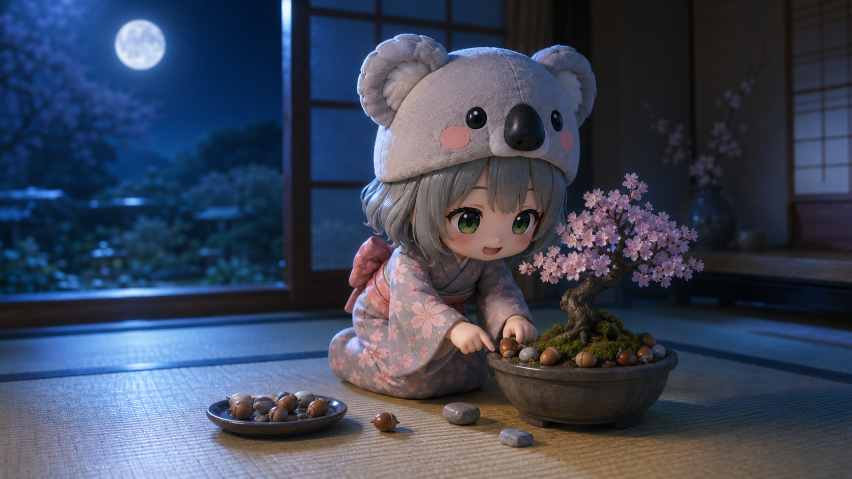 夜中にこっそり盆栽のふちに大雅の石を並べる心愛