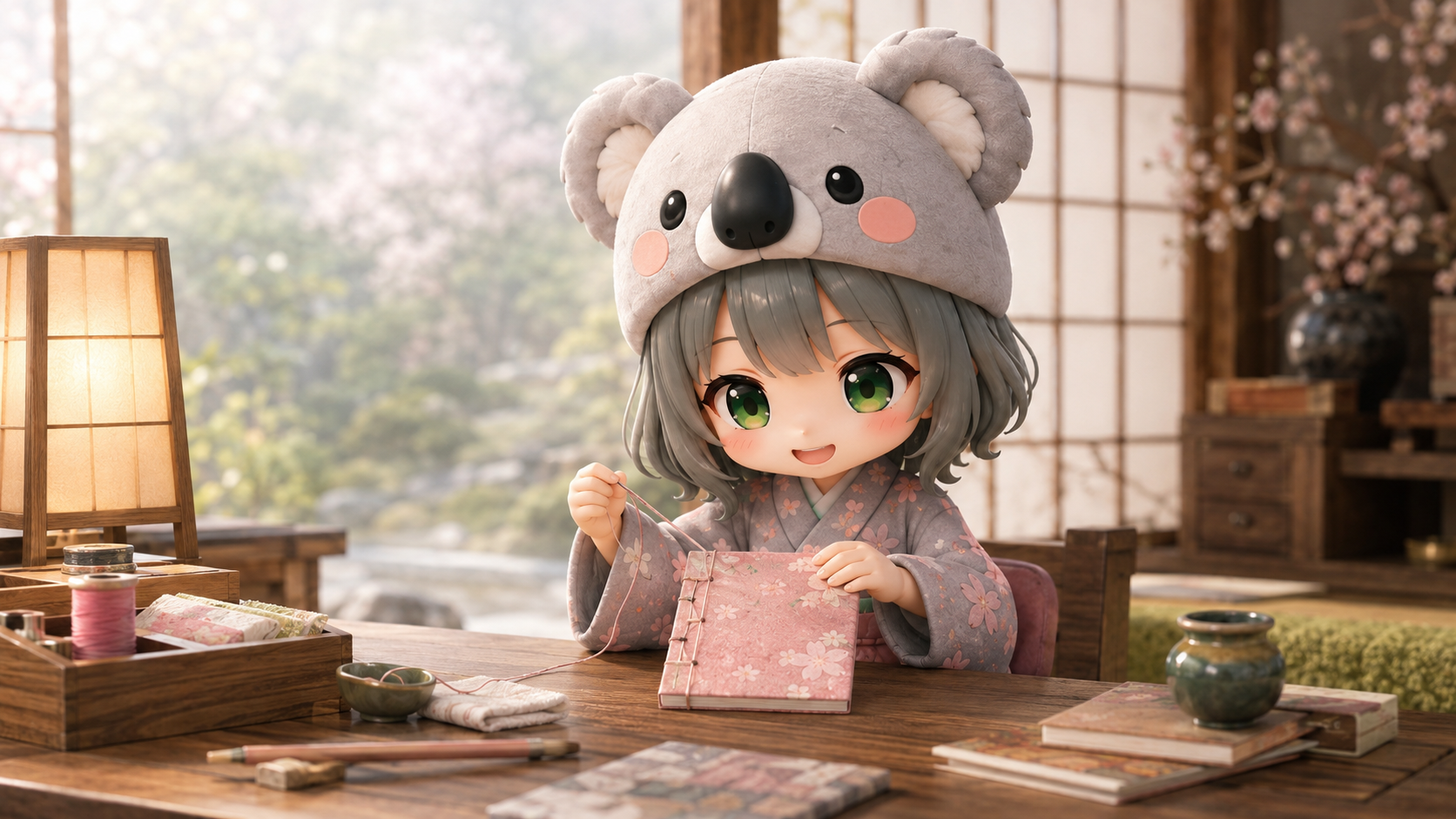 桜染めの和綴じ本を愛おしそうに綴じる心愛