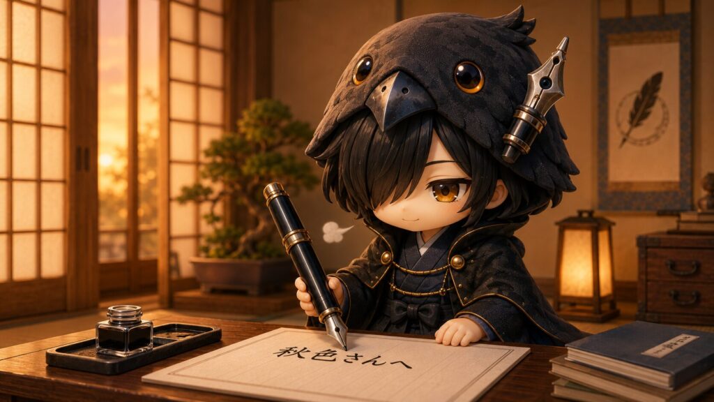 秋色さんへ届ける原稿を万年筆で丁寧に書き上げる黒羽