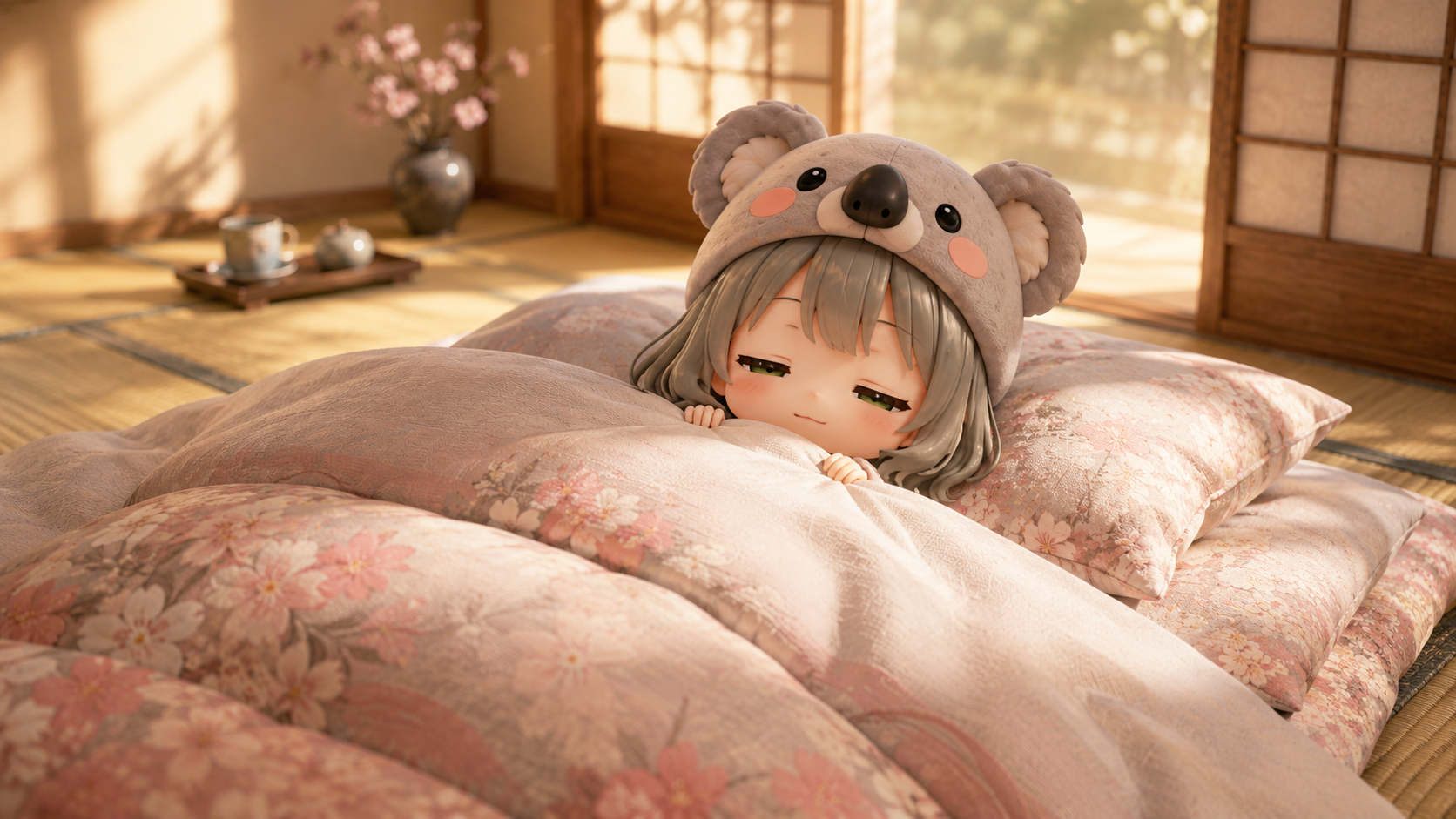 朝、布団の中で眠たそうにモゾモゾしている心愛
